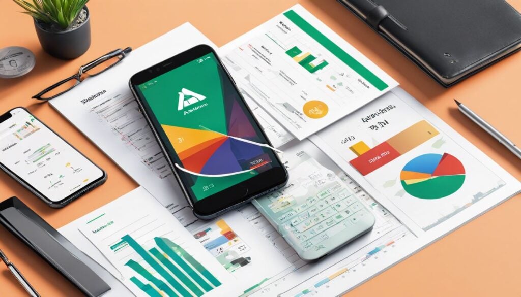 Een open ABN AMRO app op een smartphone toont kostenbeheer op een rommelig bureau.