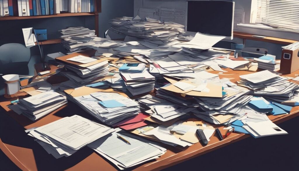Een rommelig bureau in een zorgomgeving met administratieve overbelasting.