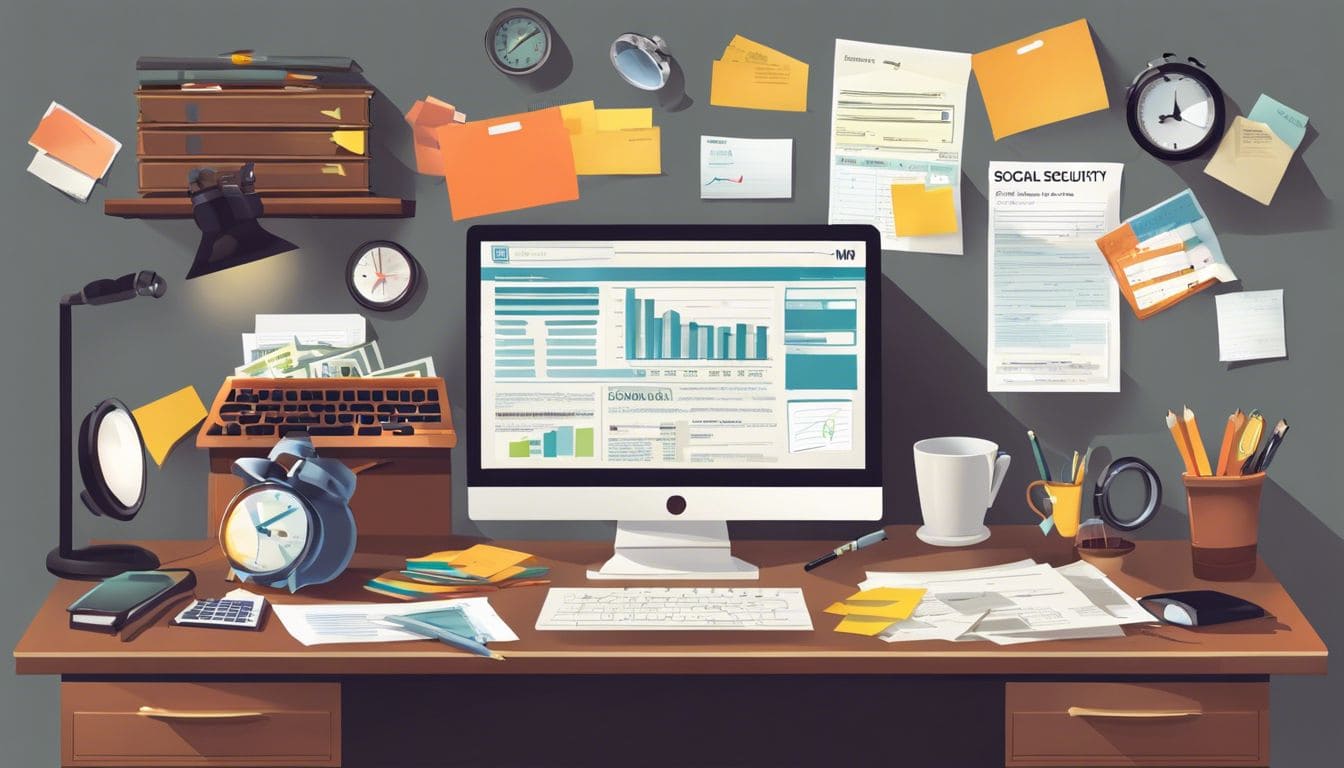Een rommelig bureau met financi&euml;le documenten en een laptop.