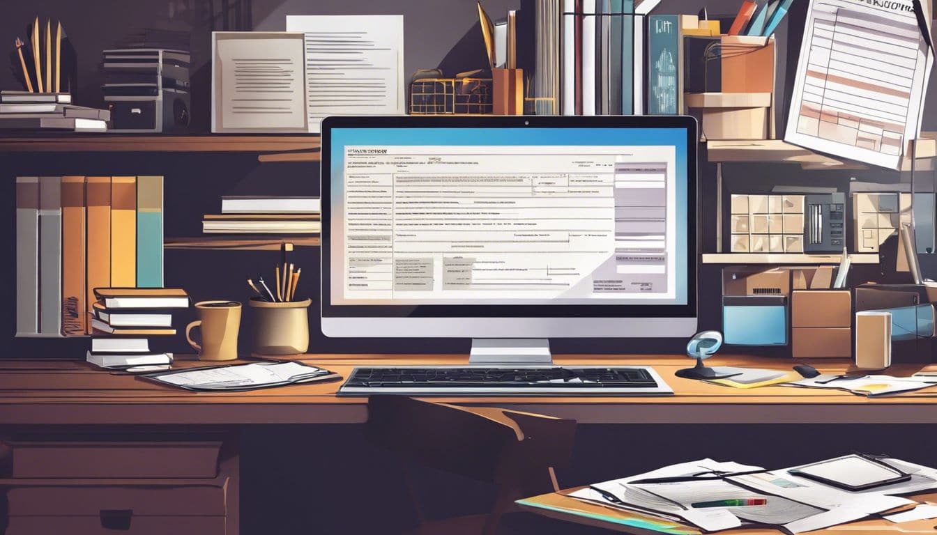 Een opgeruimd kantoor met een laptop, belastingformulieren, bonnetjes en een rekenmachine. Een opgeruimd kantoor met een laptop, belastingformulieren, bonnetjes en een rekenmachine.
