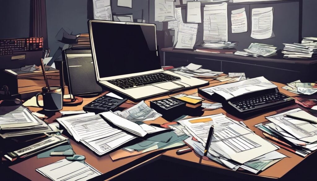 Een rommelig bureau vol financiële documenten, rekenmachines en een laptop.