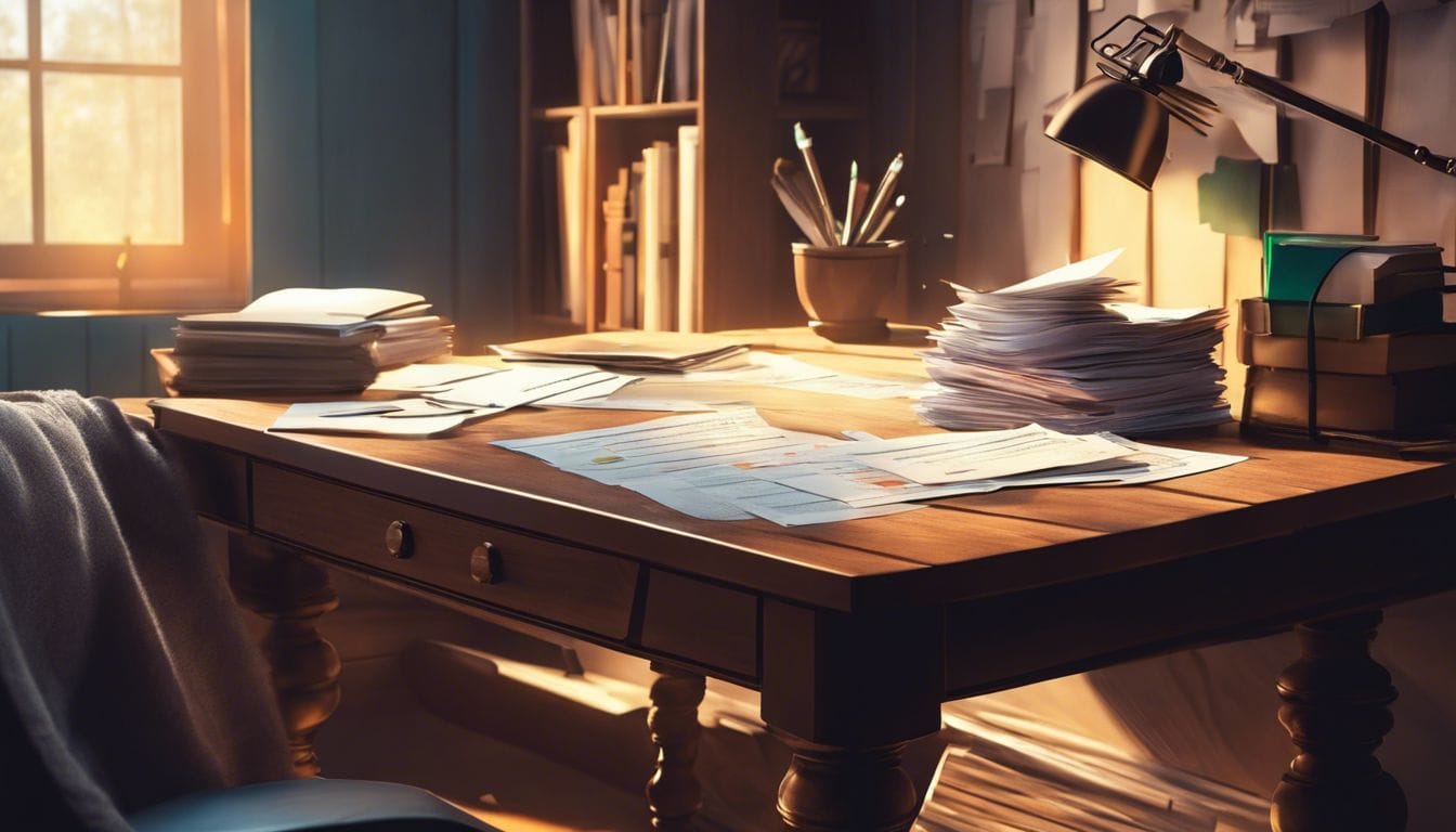 Een huiselijk kantoor met financiële documenten op een houten tafel. Een huiselijk kantoor met financiële documenten op een houten tafel.