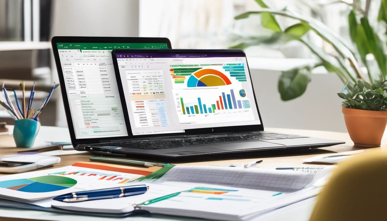 Een opgeruimd bureau met laptop, uitgavenoverzicht en budgetplanning tools.