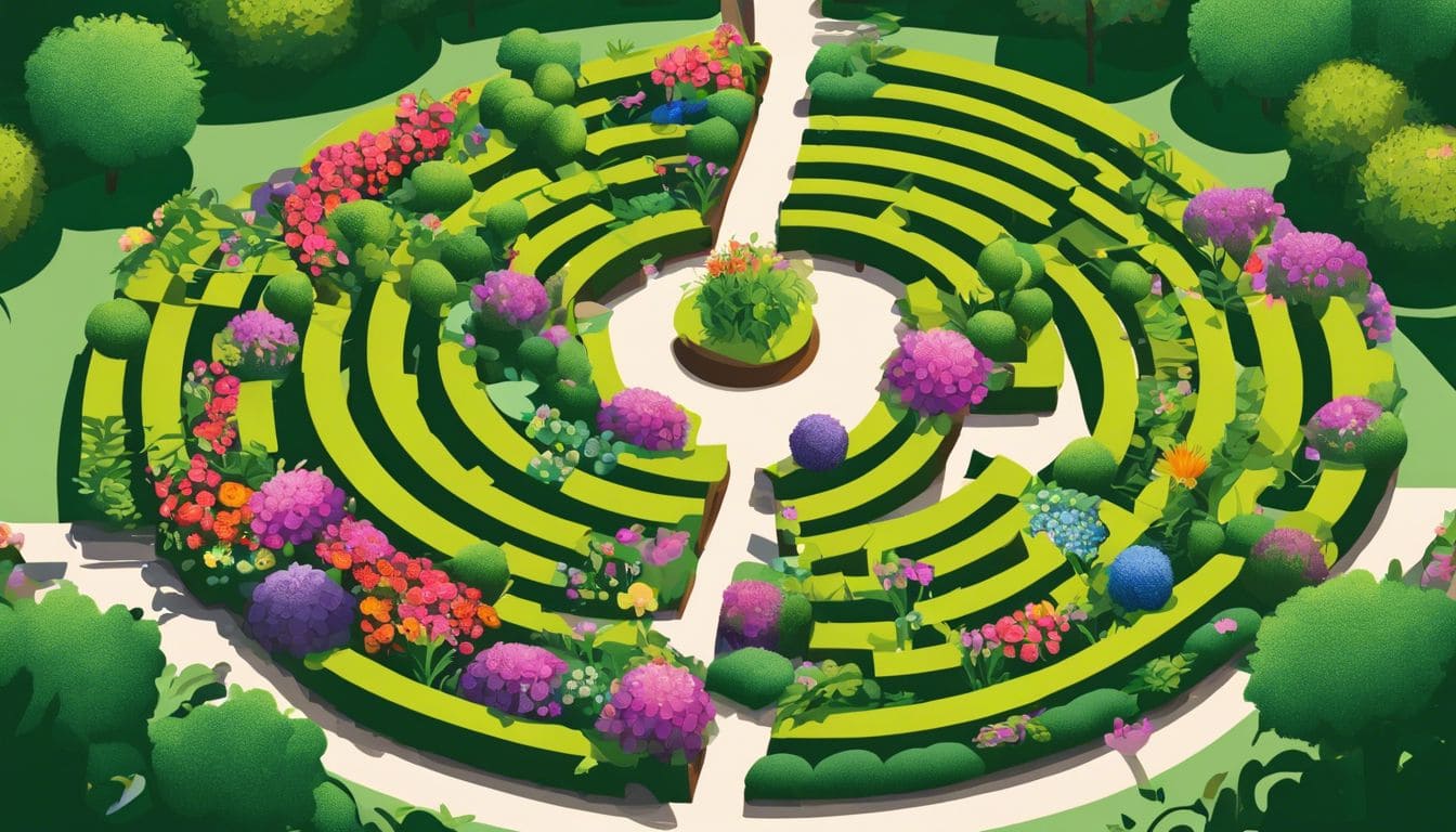 Een weelderige tuin met bloemen en fruit, verbonden met een verwarrend labyrint.