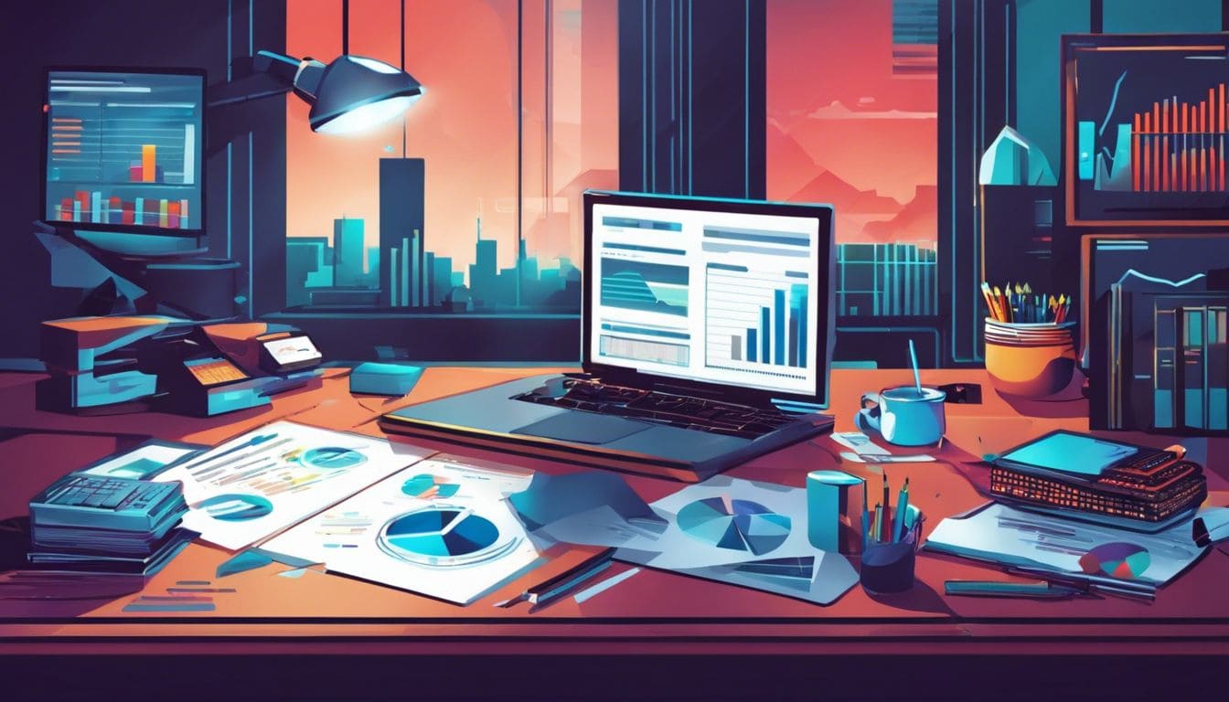 Een gedetailleerd financieel rapport met grafieken en grafieken op een rommelig bureau.