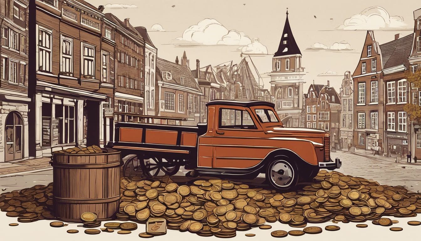 Een oude houten weegschaal omringd door munten, belastingformulieren en symbolen van openbare diensten tegen de achtergrond van een vintage Nederlandse stad.