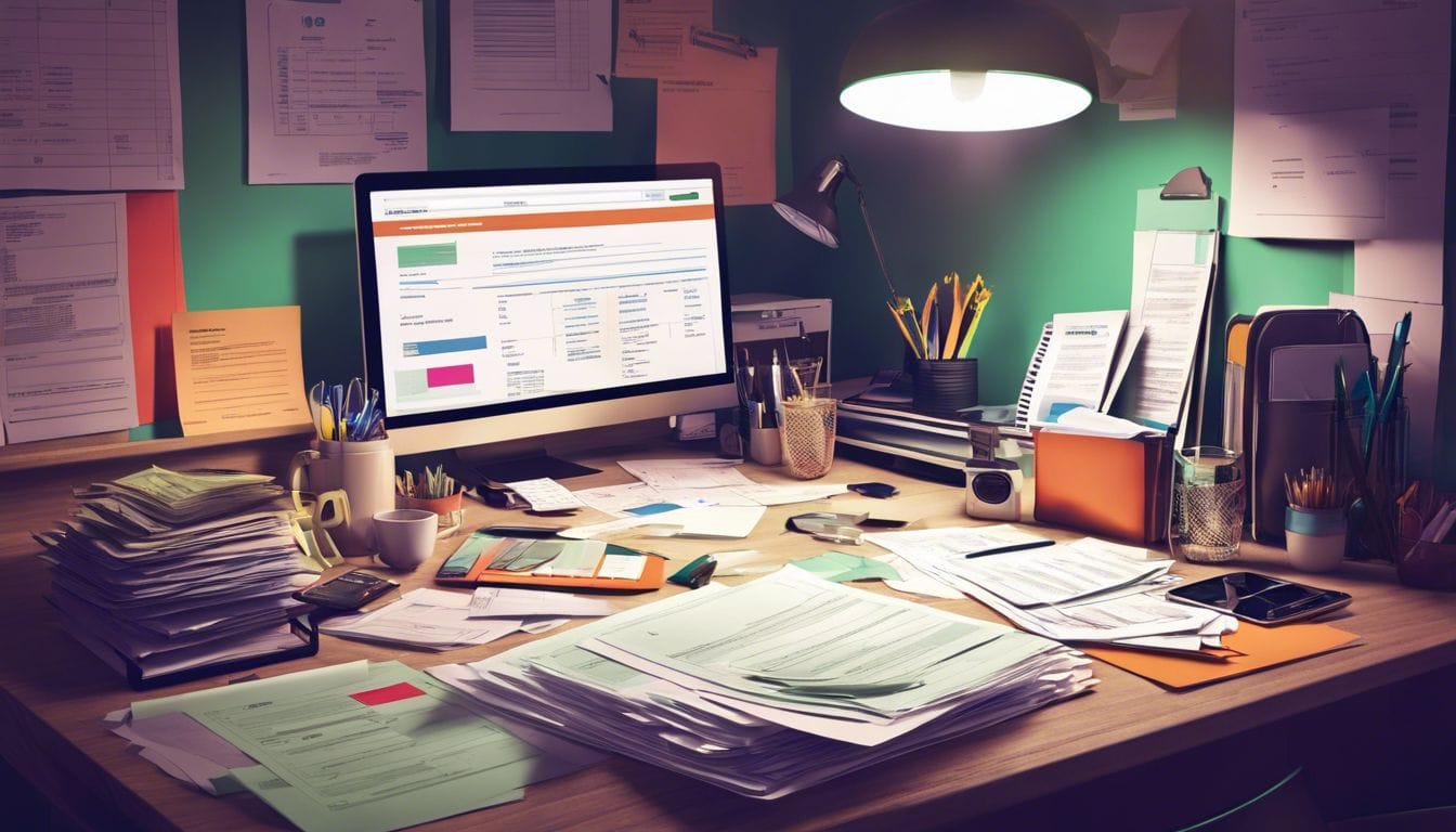 Een rommelig bureau met rekeningen en financi&euml;le documenten verspreid.