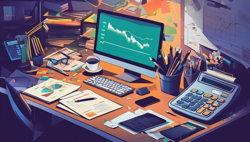 Een druk kantoorbureau vol financiële rapporten en grafieken.
