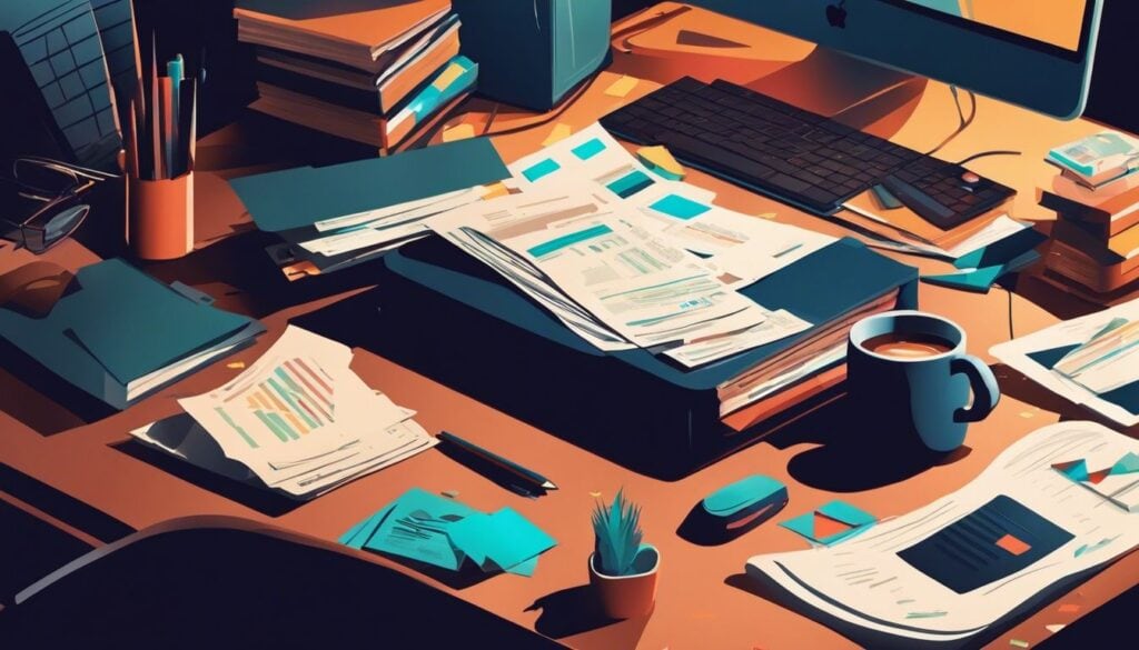 Een rommelig bureau met verspreide rekeningen en papierwerk in een huiselijk kantoor.