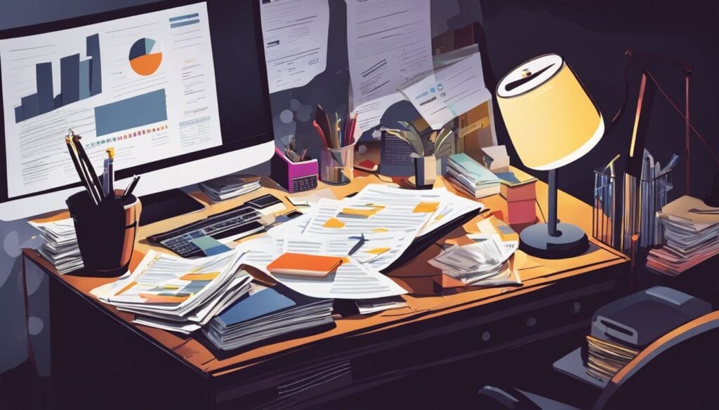 Een rommelig bureau met rekeningen en financiële documenten, benadrukt de stress van het beheren van maandelijkse uitgaven voor één persoon.