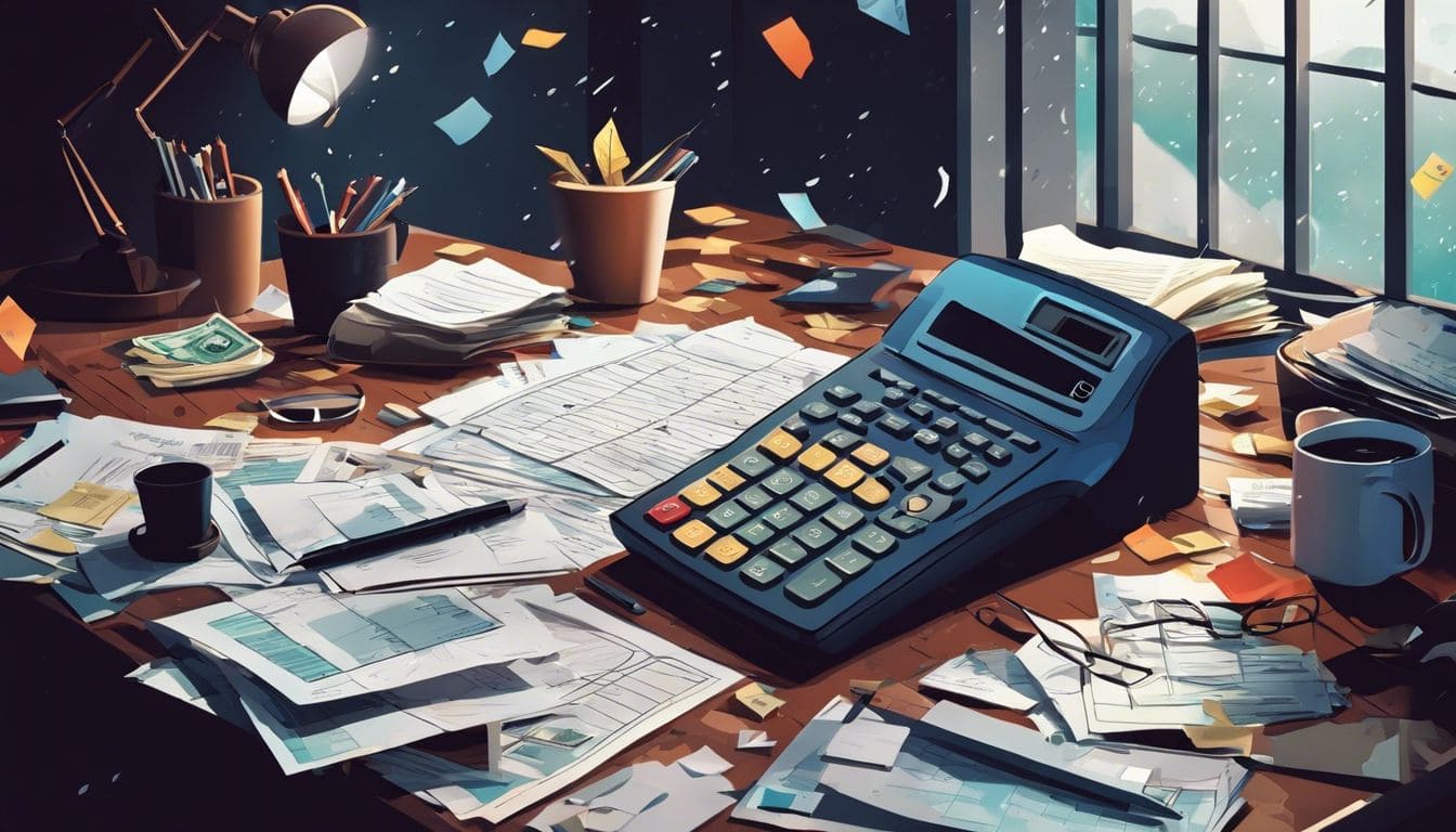 Een rommelig bureau beladen met rekeningen en verzekering papieren.