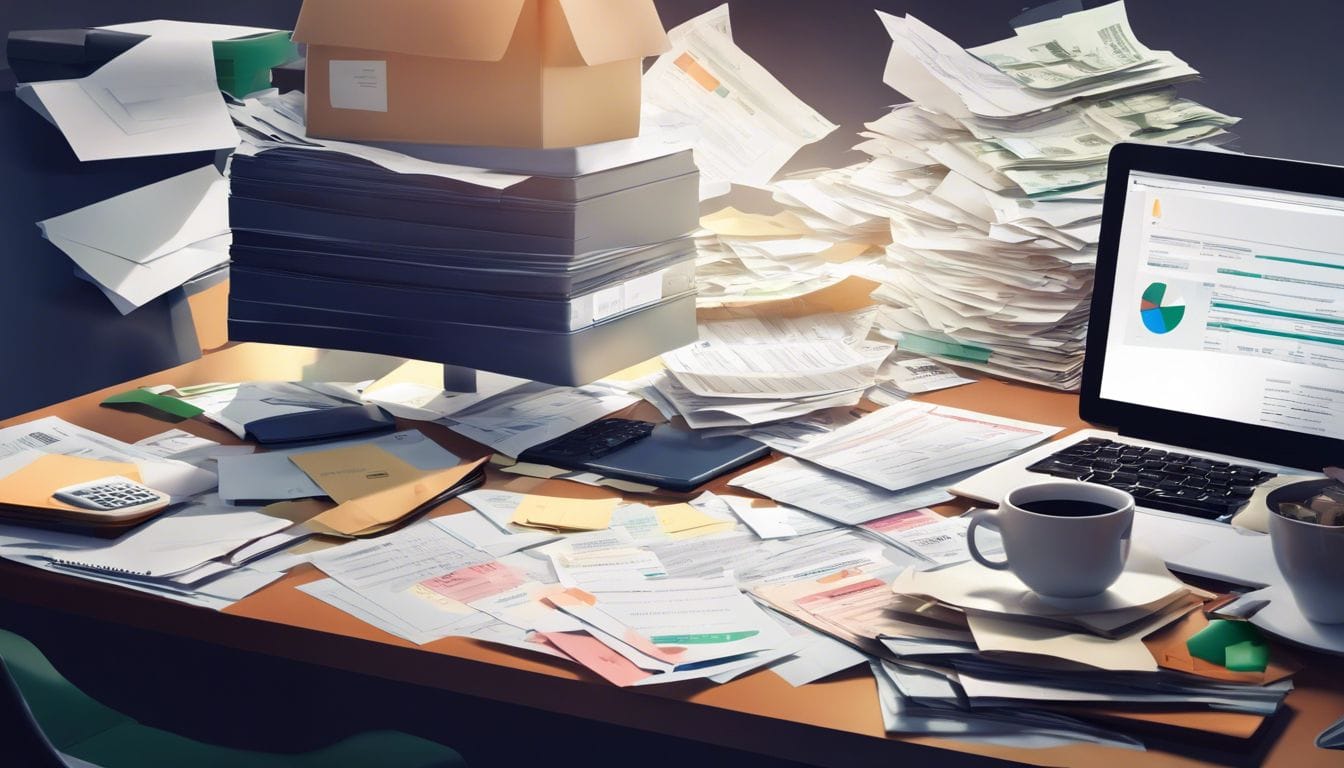 Een rommelig bureau met financiële documenten onder druk. Een rommelig bureau met financiële documenten onder druk.
