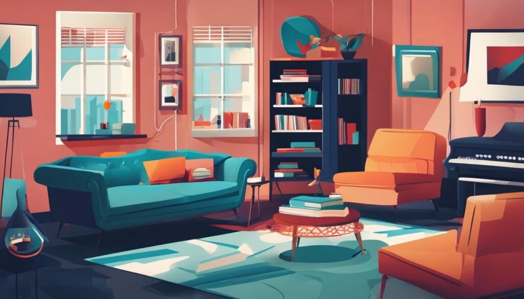 Een rommelige en wanhopige woonkamer met een te koop bord.