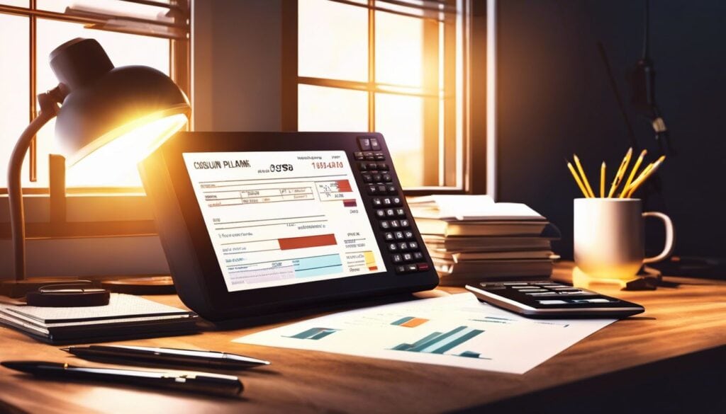 Een rekenmachine omringd door financiële documenten en een pen op een houten bureau.