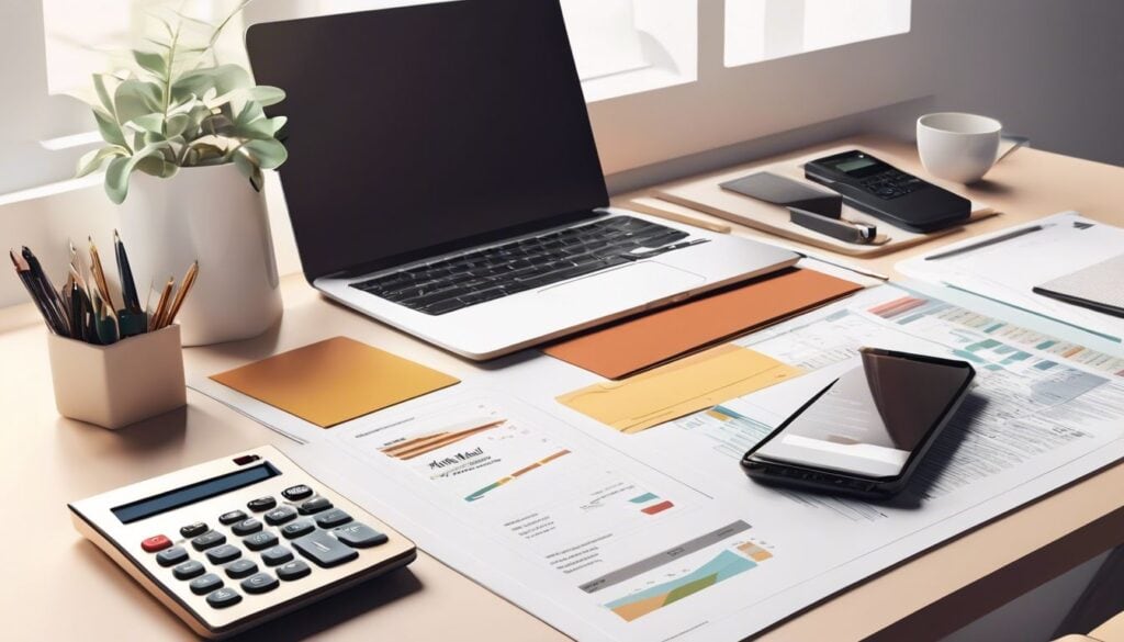Een opgeruimd bureau met financiële documenten, budgetteringstools en een rekenmachine.