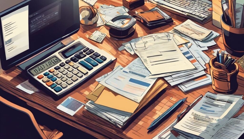 Een rommelig bureau met rekeningen en financiële stress.
