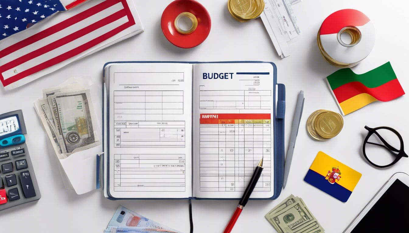 Een maandelijks budgetplanner omringd door rekeningen en bonnetjes, met een Spaanse vlag op de achtergrond.