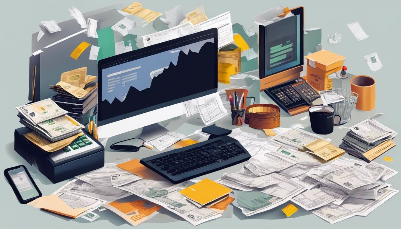 Een rommelig bureau met rekeningen, facturen en bonnetjes van huishoudelijke kosten.