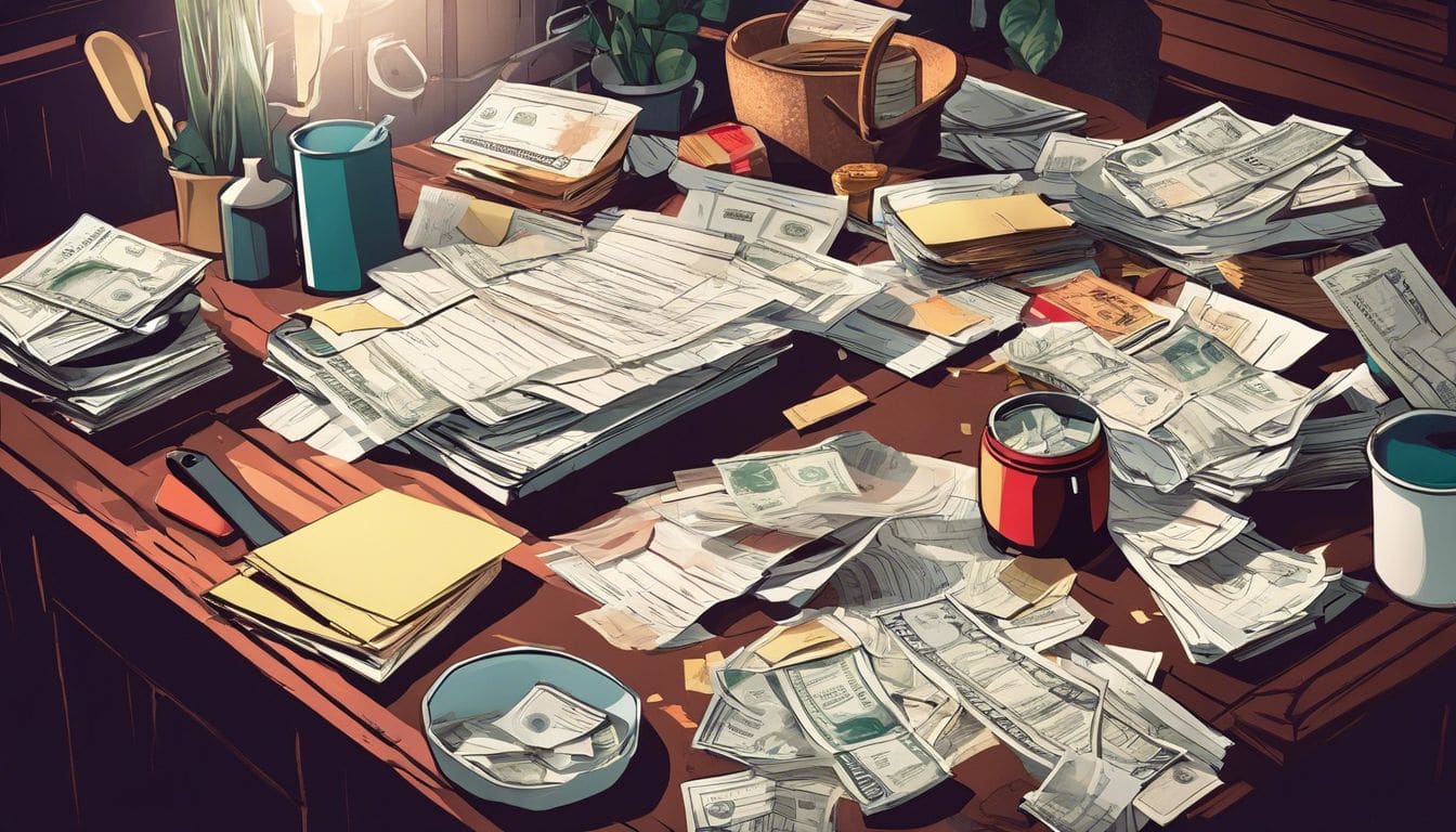 Een rommelige keukentafel met onbetaalde rekeningen en financiële documenten. Een rommelige keukentafel met onbetaalde rekeningen en financiële documenten.