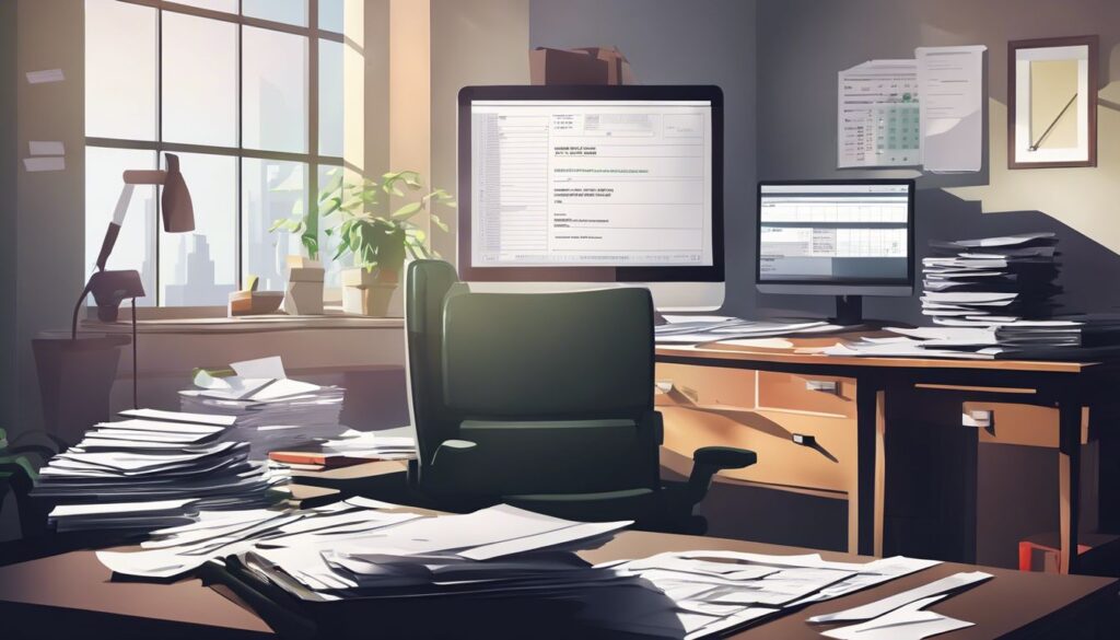 Een opgeruimd bureau met rekenmachine, facturen en administratieve documenten.