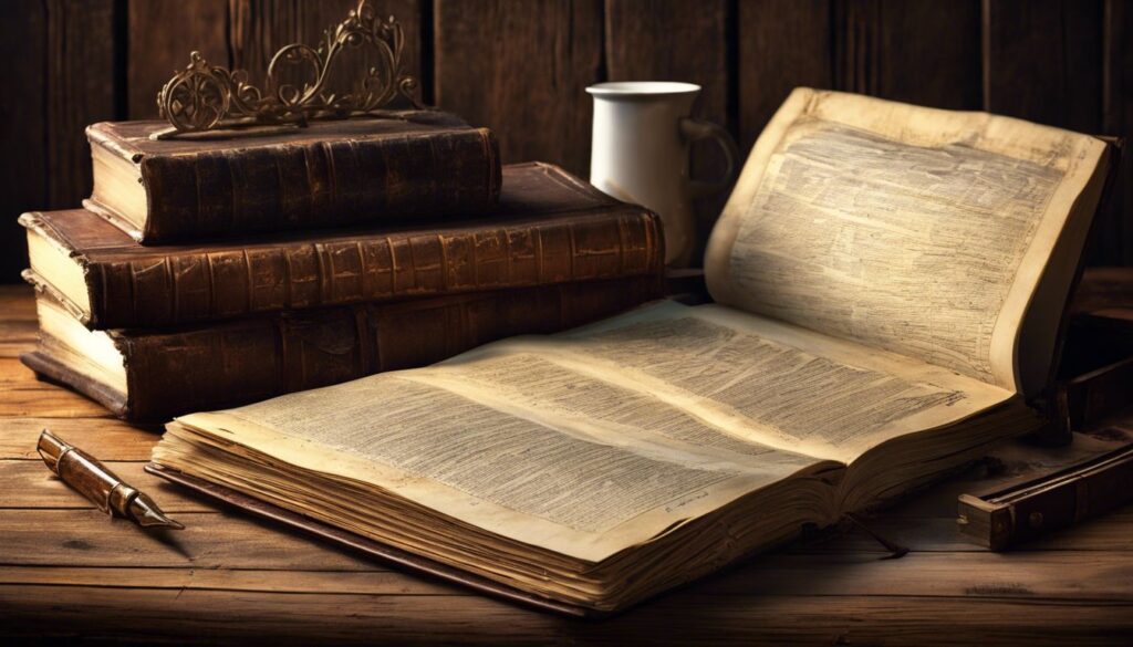 Een oude, versleten grootboek op een rommelig houten bureau.