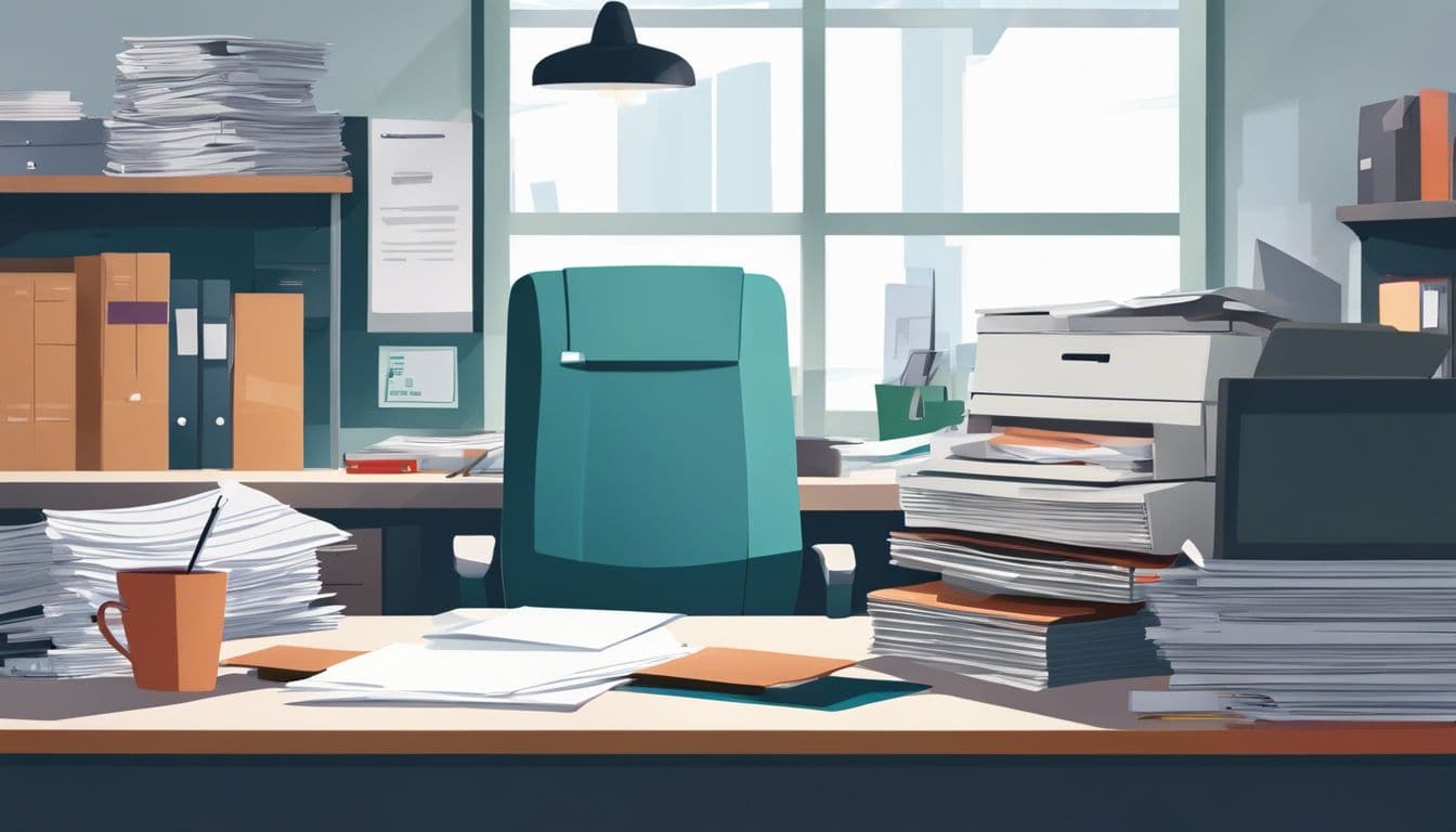 Een rommelig bureau met stapels papierwerk en oude archiefkasten. Een rommelig bureau met stapels papierwerk en oude archiefkasten.