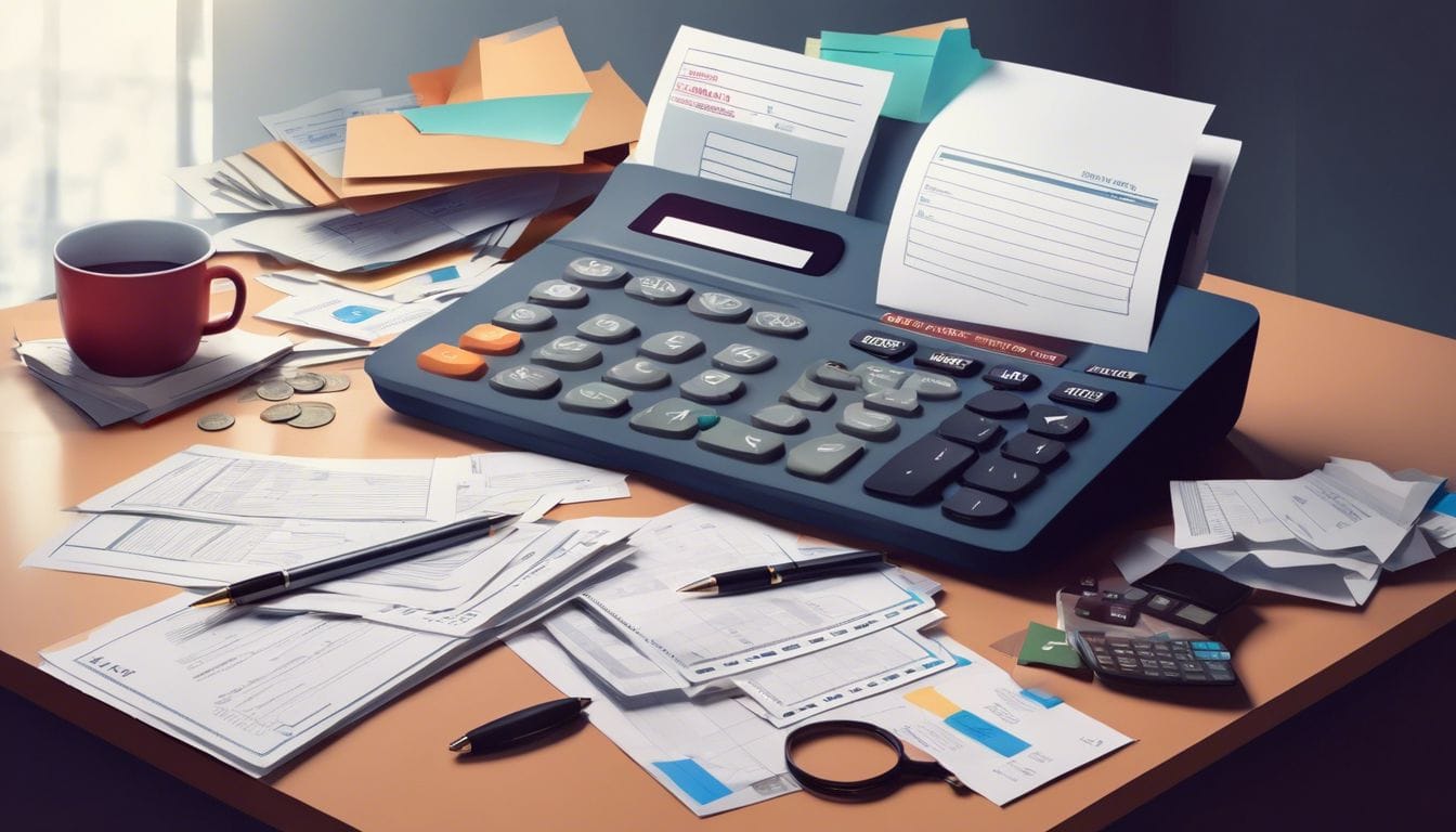 Een verouderd bureau vol met rekeningen en enveloppen, uitdrukking van financiële stress. Een verouderd bureau vol met rekeningen en enveloppen, uitdrukking van financiële stress.