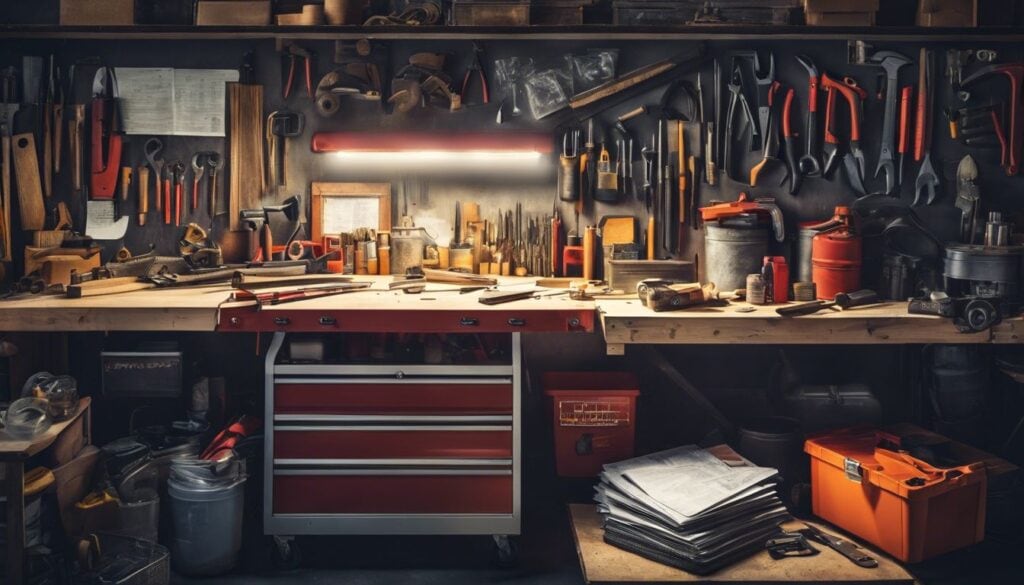 Een rommelige werkbank in een garage met papierwerk en gereedschap.