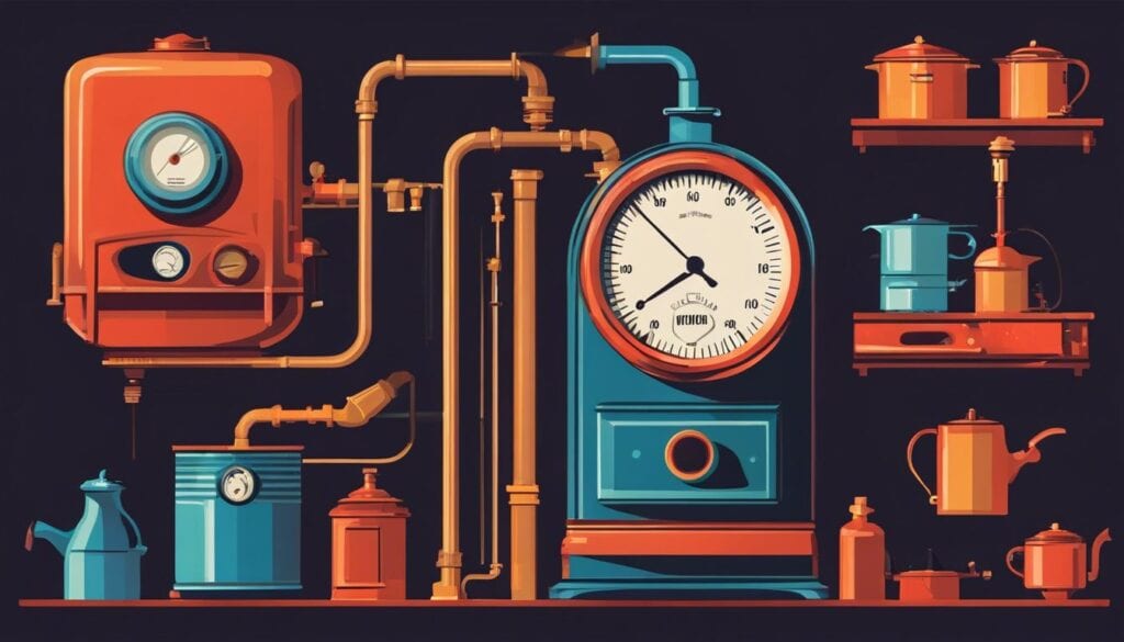 Een oude gasmeter en huishoudelijke apparaten in een plat design.