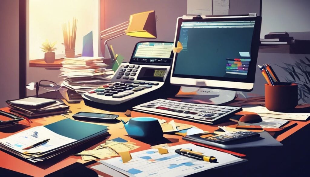 Een rommelig bureau met rekeningen en budgettering notitieboek illustreren financiële stress.