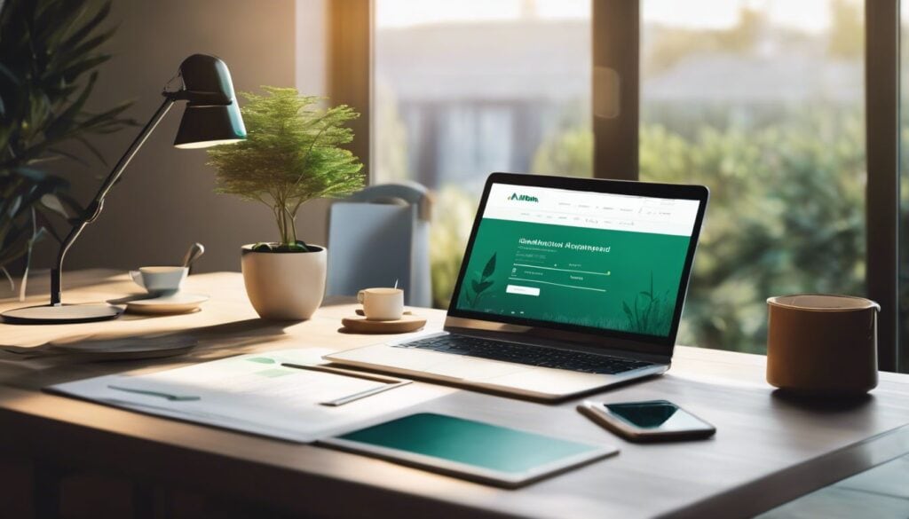 Een georganiseerd thuiskantoor met ABN AMRO app op een laptop.