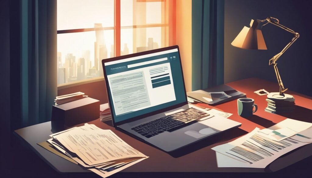 Een bureau met laptop, rekenmachine en financiële documenten, uitstralend financiële stress.