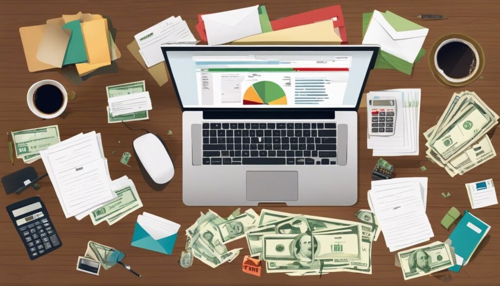 Een rommelig bureau met financiële verantwoordelijkheden en rekeningen.