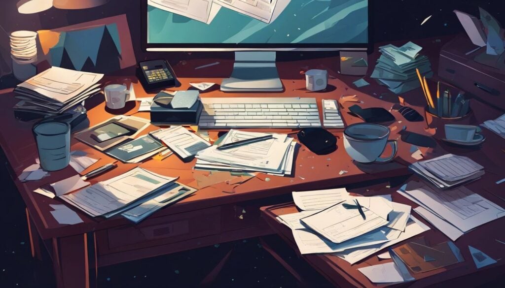 Een rommelig bureau met rekeningen en huishoudelijke uitgaven.
