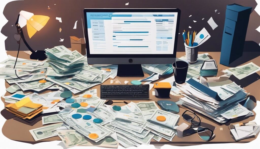 Een rommelig bureau met rekeningen en papierwerk, uitbeelding van financiële chaos.
