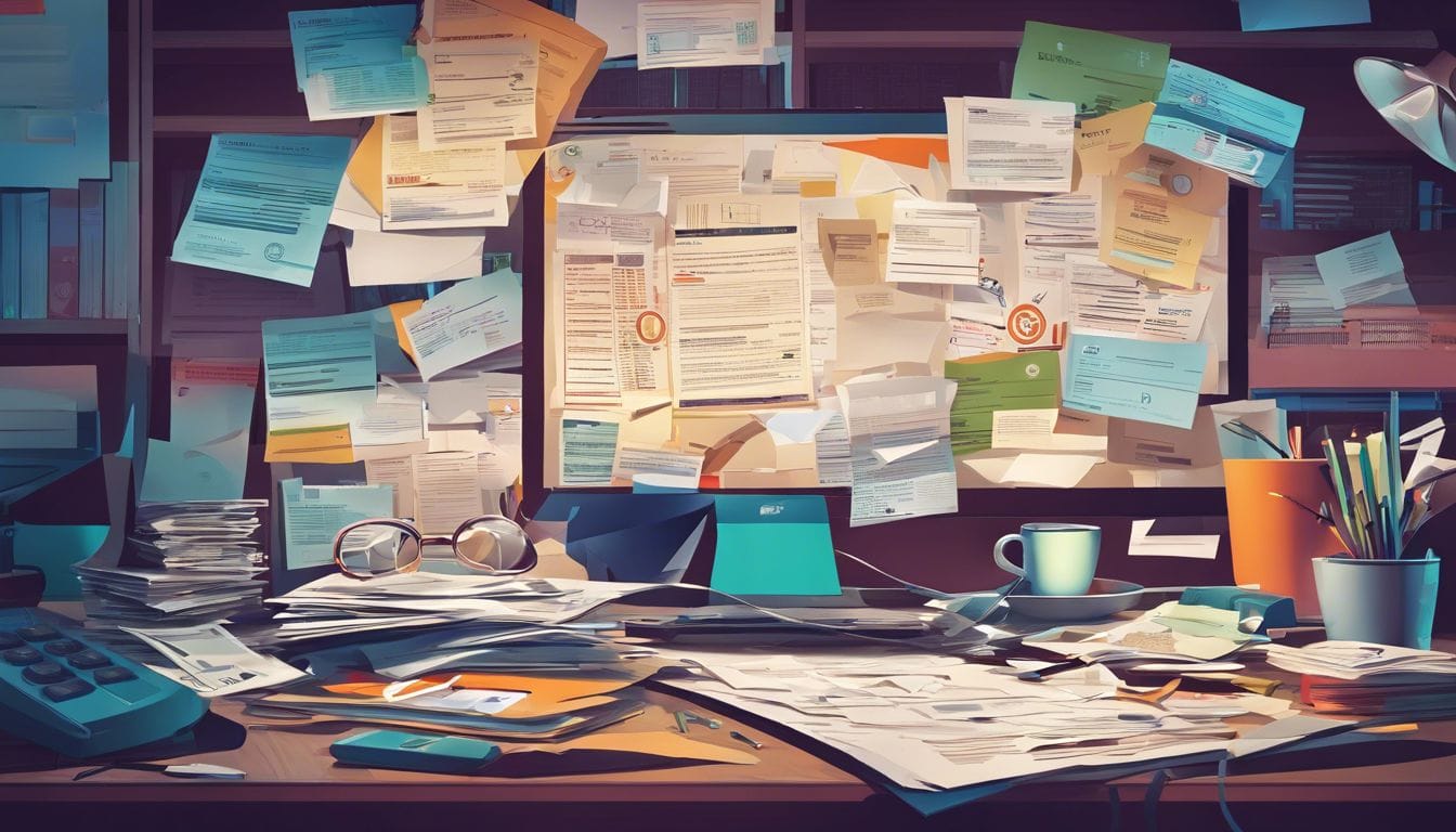 Een rommelig bureau met verschillende rekeningen en verzekeringen benadrukt financi&euml;le stress.