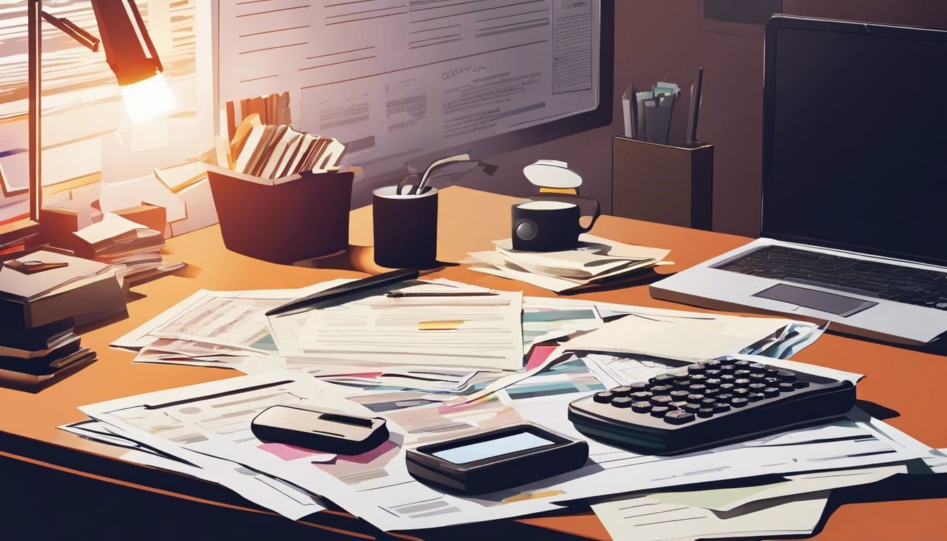 Een rommelig bureau met verspreide rekeningen, een pen en een rekenmachine. Een rommelig bureau met verspreide rekeningen, een pen en een rekenmachine.