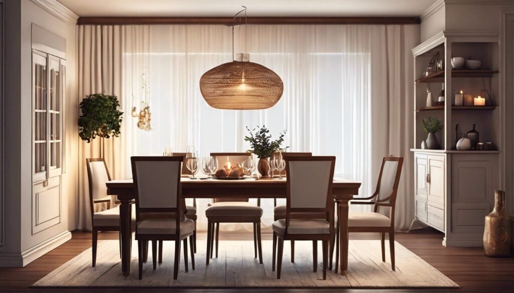 Een comfortabele woonkamer met een mooi gedekte eettafel creëert een uitnodigende sfeer voor een romantische maaltijd.