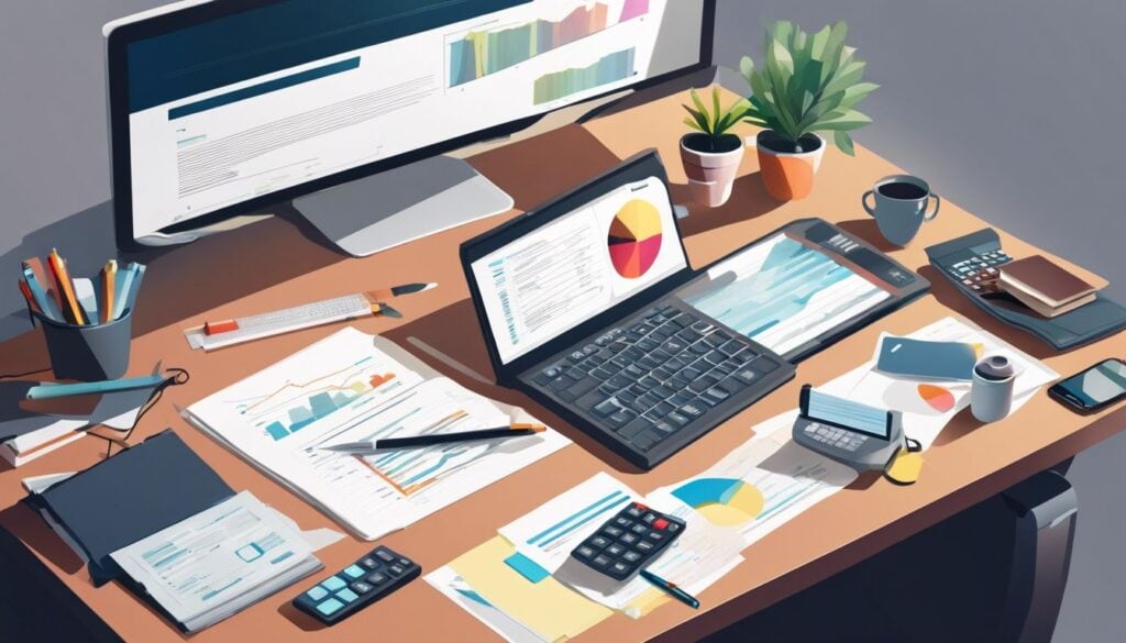 Een rommelig bureau met financiële documenten, een laptop en een rekenmachine.