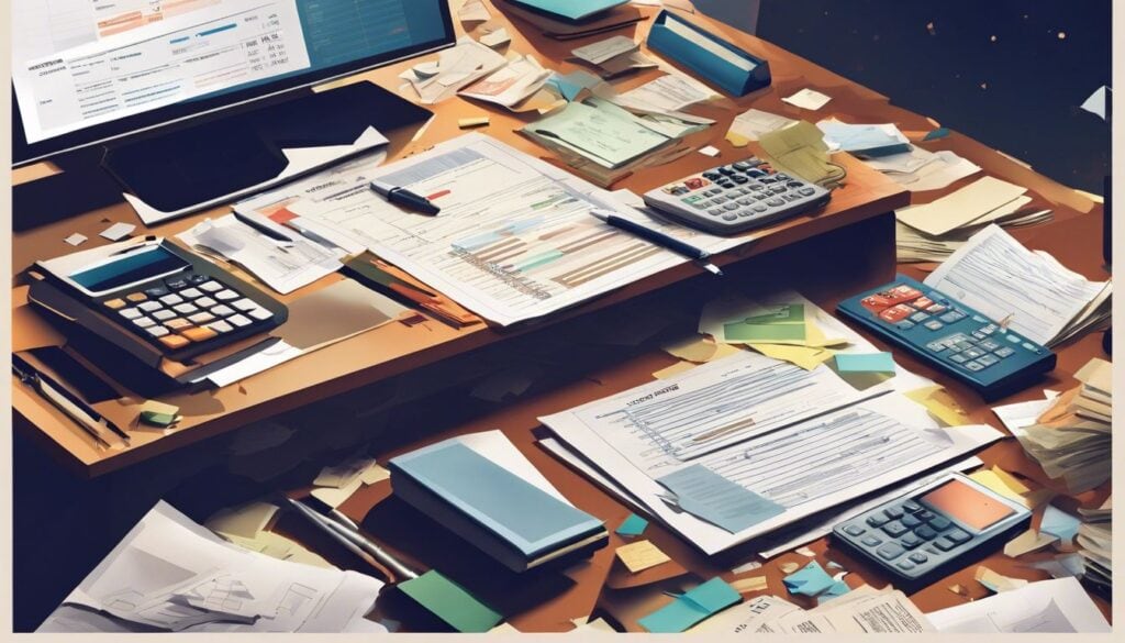Een rommelig bureau met financiële documenten, rekenmachine en facturen verspreid.