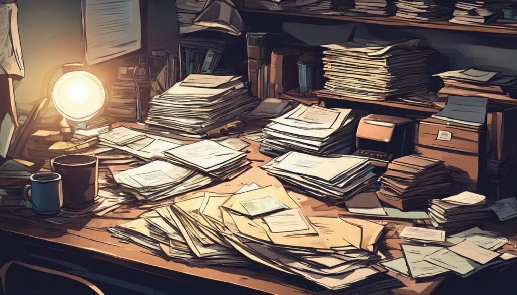 Een rommelig bureau thuis met stapels rekeningen en papierwerk verspreid.