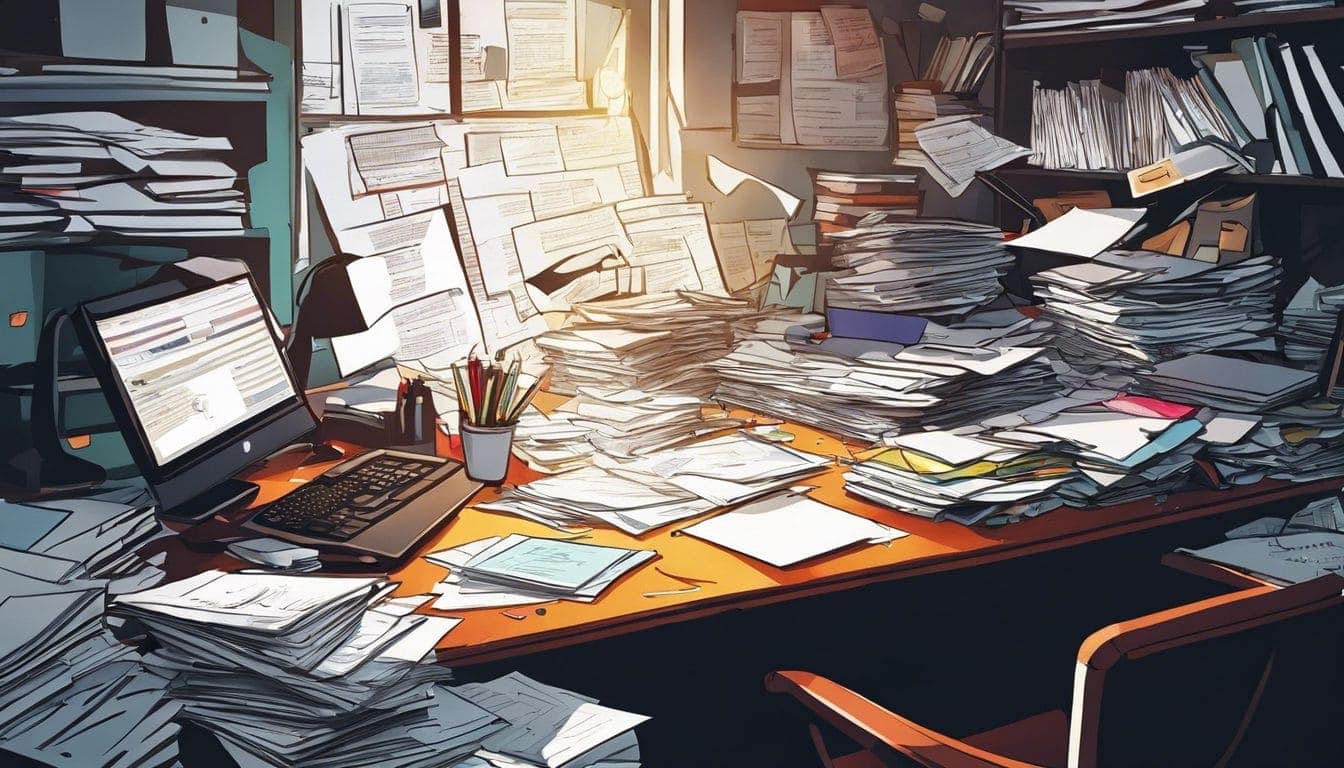Een rommelig kantoorbureau vol financiële documenten en spreadsheets. Een rommelig kantoorbureau vol financiële documenten en spreadsheets.