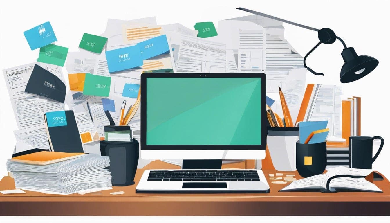Een rommelig bureau met financiële stress en wanorde. Een rommelig bureau met financiële stress en wanorde.