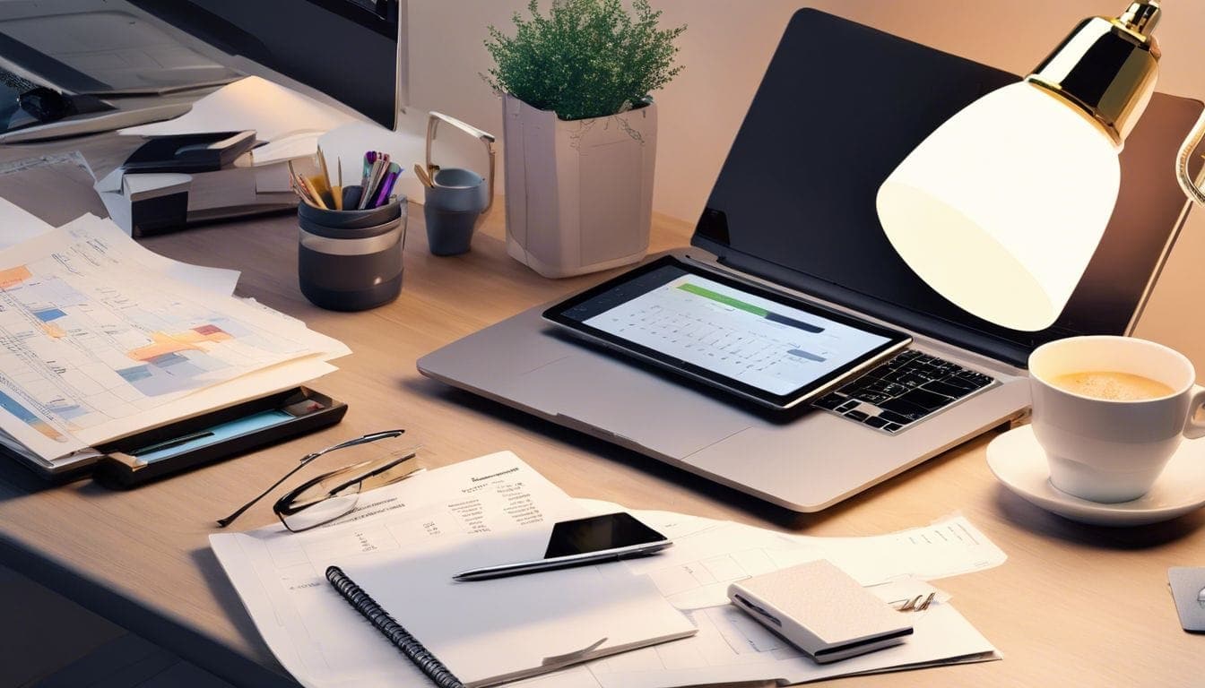 Een opgeruimd thuiskantoor met een laptop en budgetteringstool. Een opgeruimd thuiskantoor met een laptop en budgetteringstool.