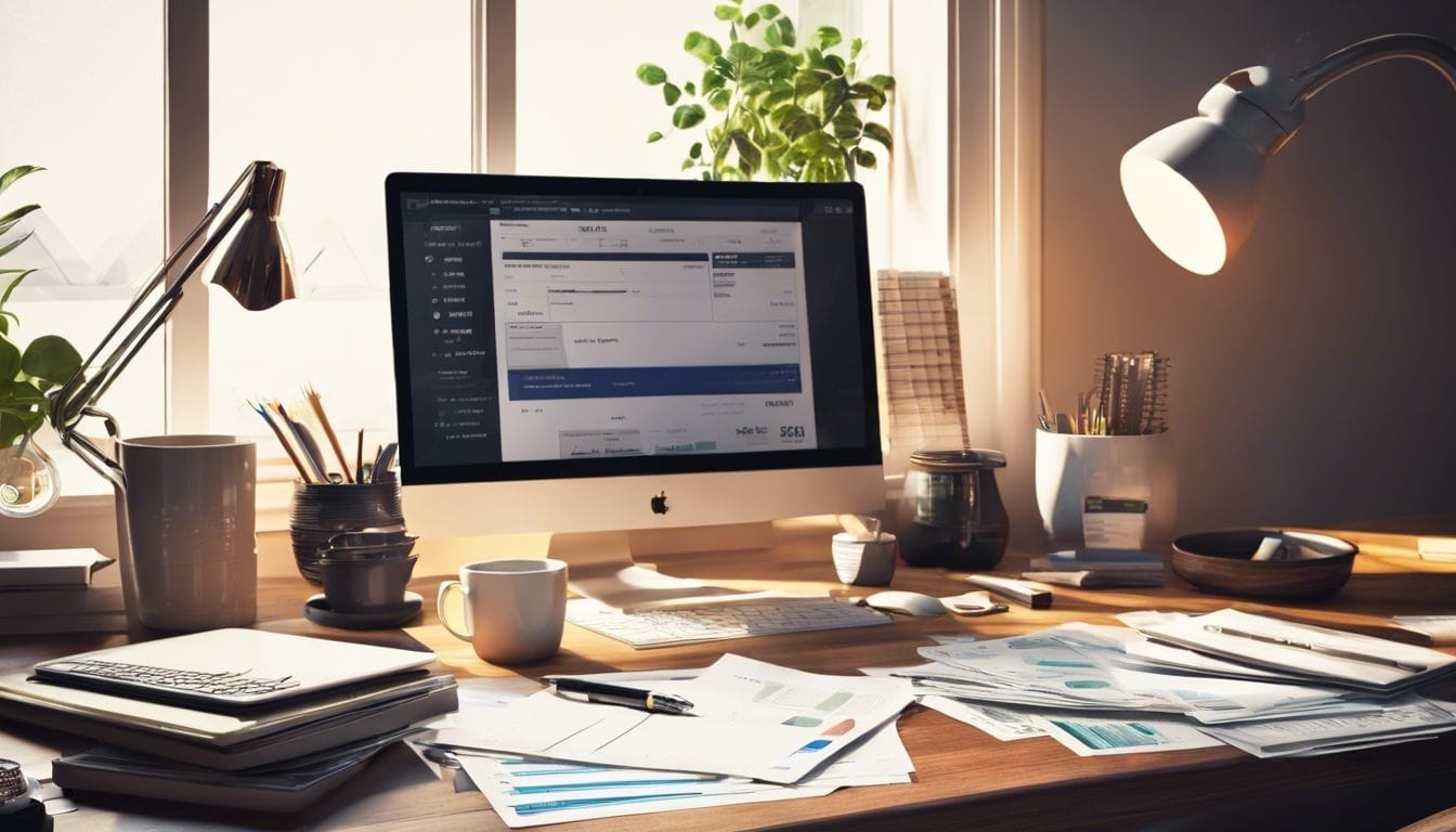 Een rommelig bureau met rekeningen, bonnetjes en een open laptop. Een rommelig bureau met rekeningen, bonnetjes en een open laptop.