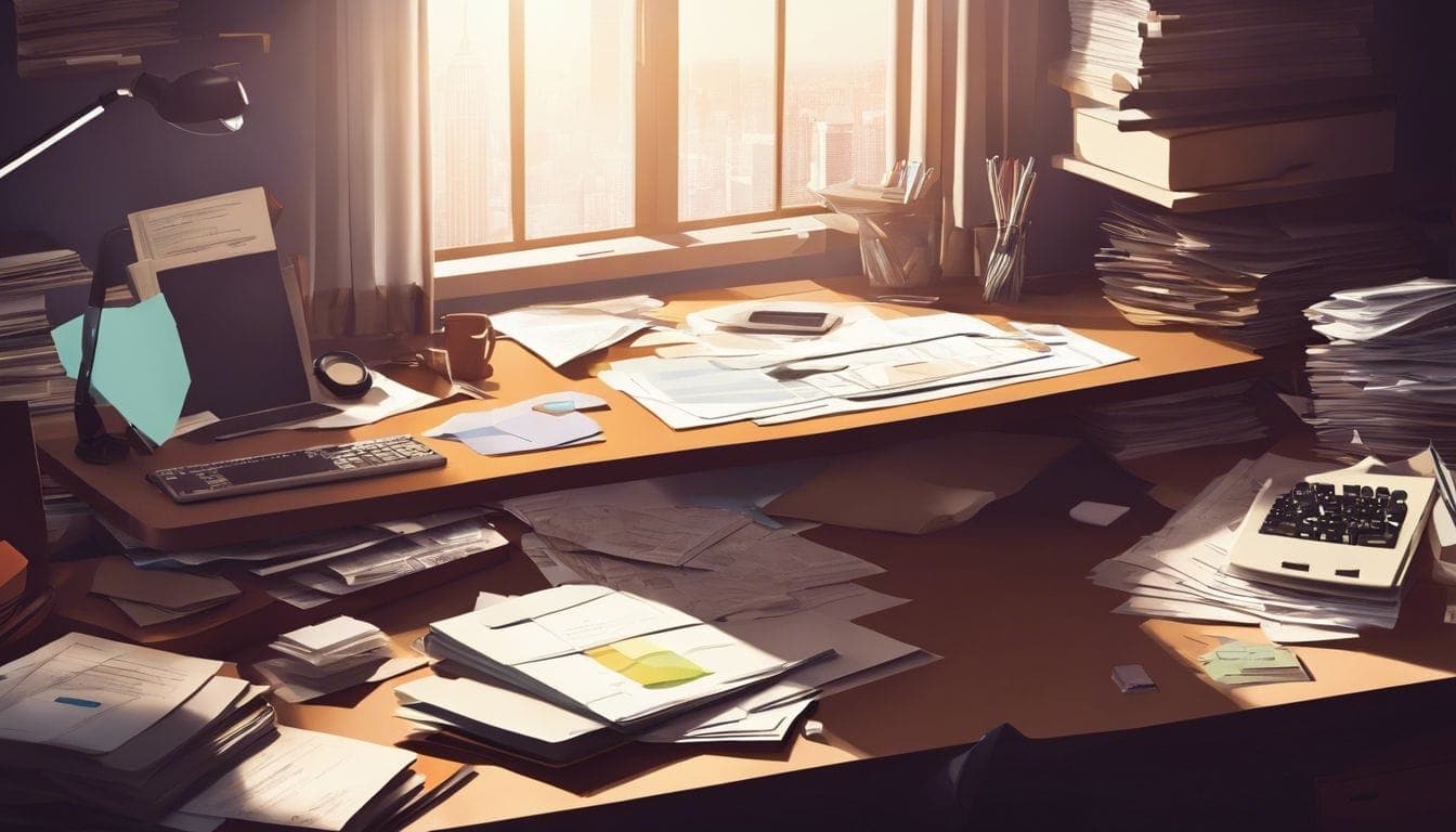 Een rommelig thuiskantoor met rekeningen en papierwerk verspreid over het bureau. Een rommelig thuiskantoor met rekeningen en papierwerk verspreid over het bureau.