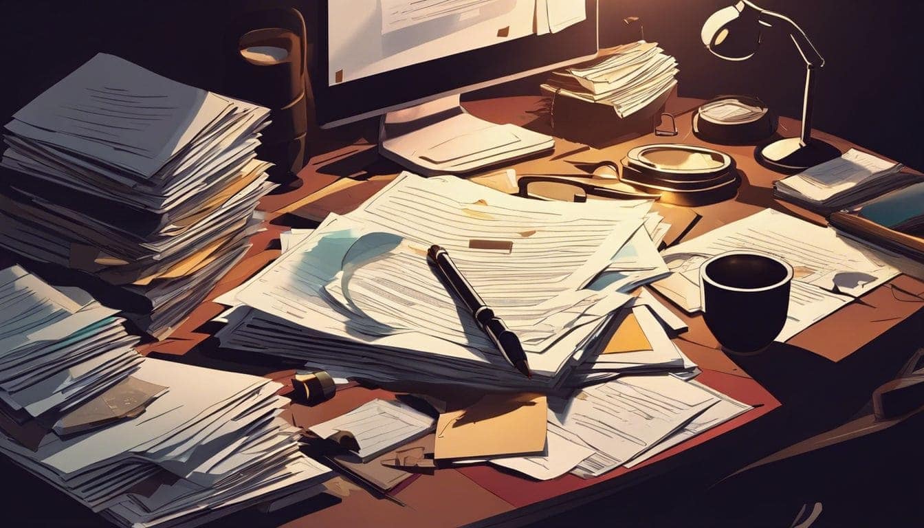 Een rommelig bureau met verspreide papieren en een stapel juridische documenten. Een rommelig bureau met verspreide papieren en een stapel juridische documenten.