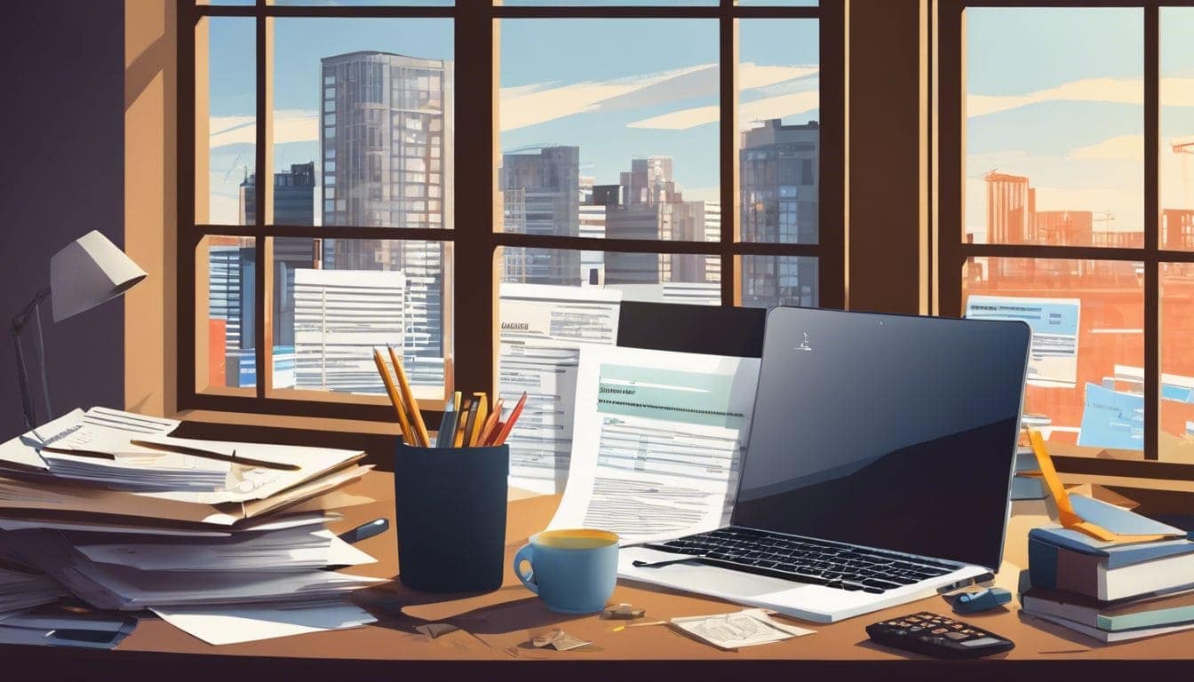 Een rommelige kamer met financiële druk en berekeningen. Een rommelige kamer met financiële druk en berekeningen.