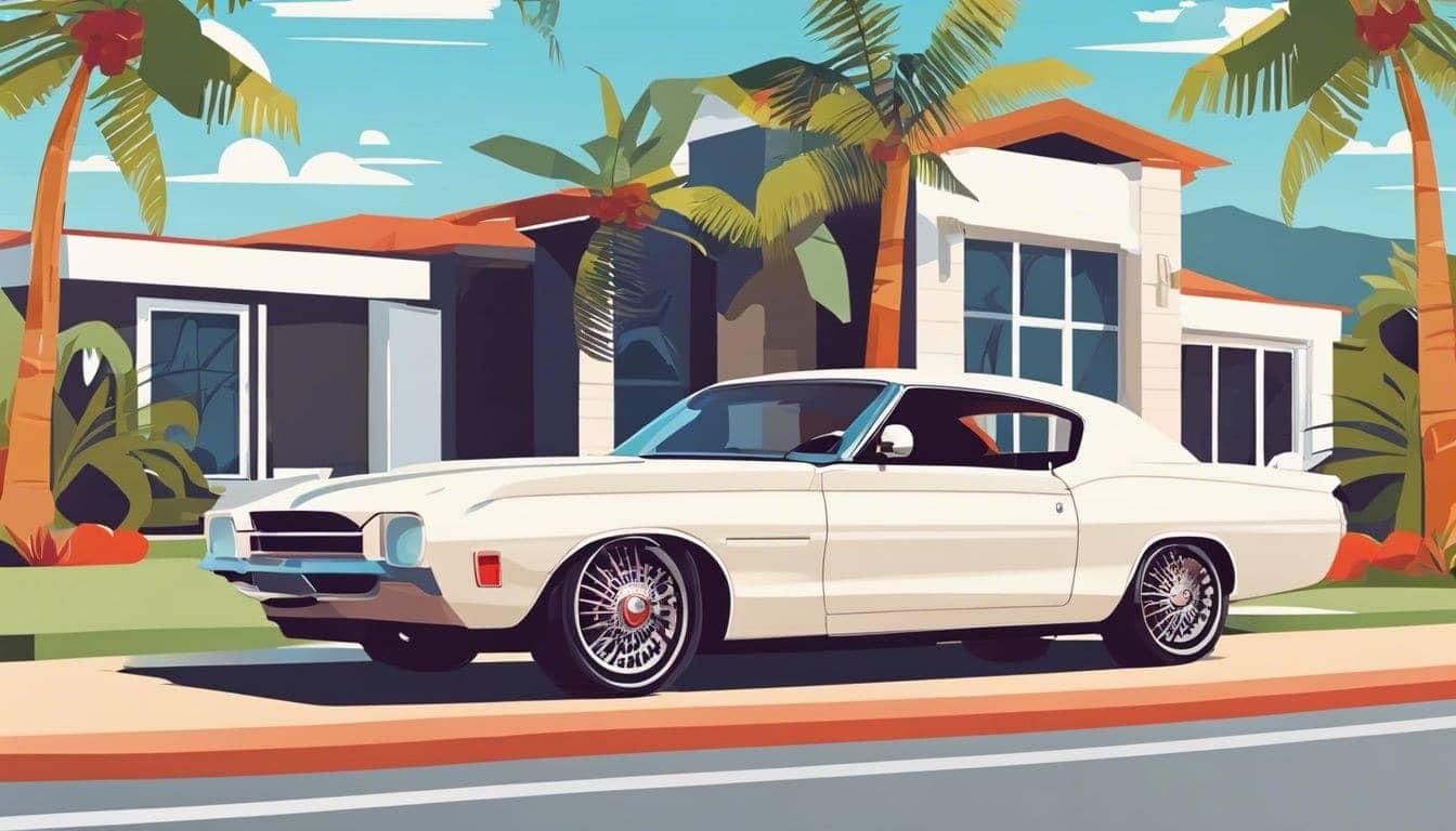 Een moderne auto geparkeerd met vakantieachtergrond, symbool voor consumentenleningen. Een moderne auto geparkeerd met vakantieachtergrond, symbool voor consumentenleningen.