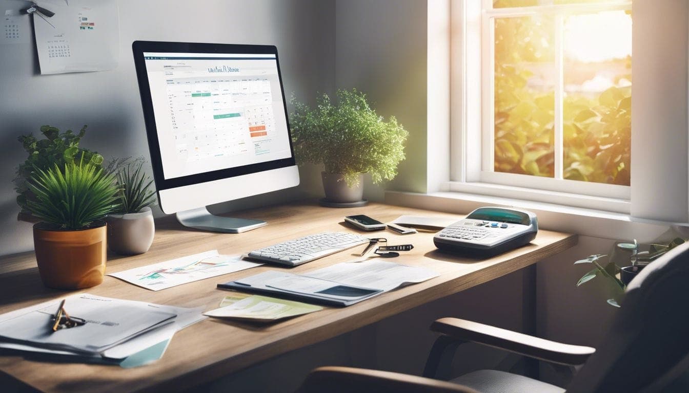 Een opgeruimd bureau met rekeningen, facturen, en een computer scherm met financieel overzicht. Een opgeruimd bureau met rekeningen, facturen, en een computer scherm met financieel overzicht.
